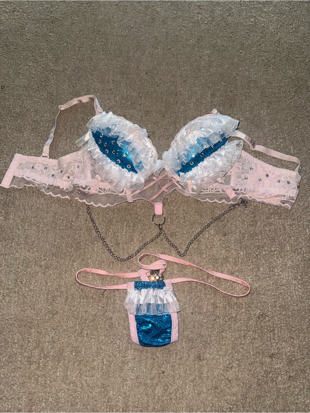 Pink Lace Bra Set with Blue Sequin Accents